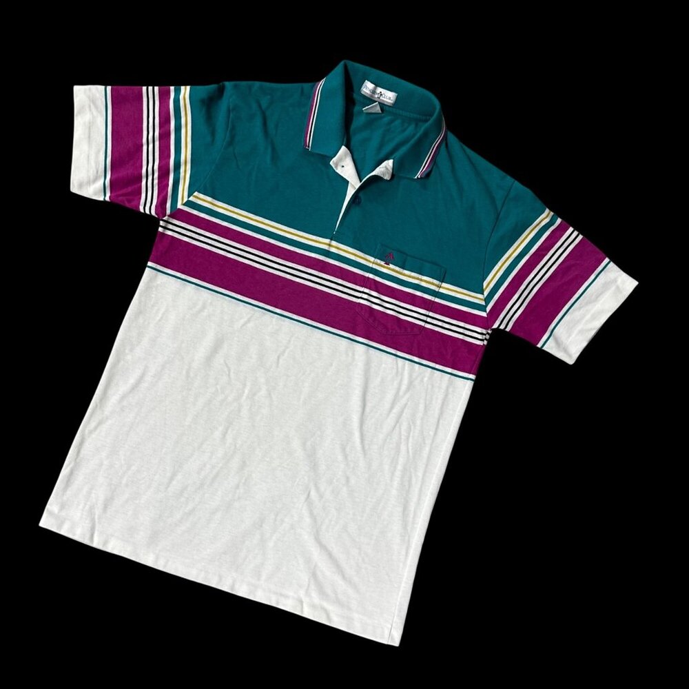 Vintage Color Block Striped Polo Shirt Large 1990s Penguin Club USA Retro - Picture 1 of 7